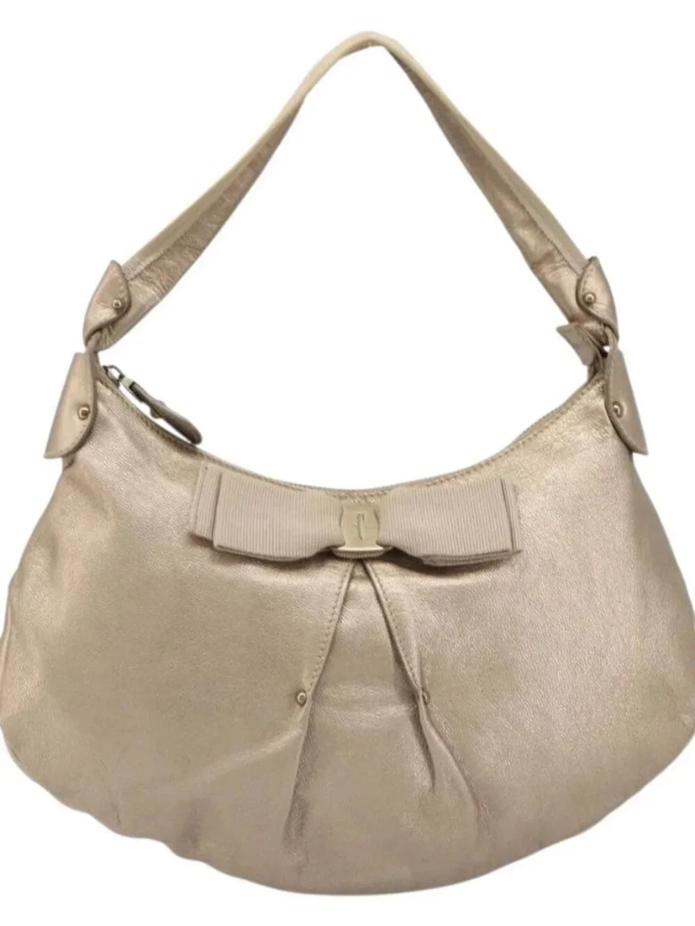 Salvatore Ferragamo Vala Shoulder Bag Leather Champagne Gold Gold Auth 186269A